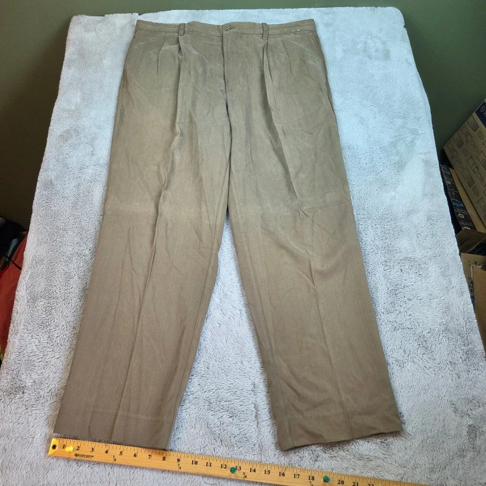 Tommy Bahama Silk Pleated Dress Pants Mens 38x30 Wide Leg Tropical Khaki Tan